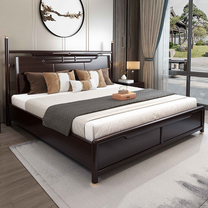 Rubberwood Standard Bed Mid-Century Modern Panel Bed with Headboard