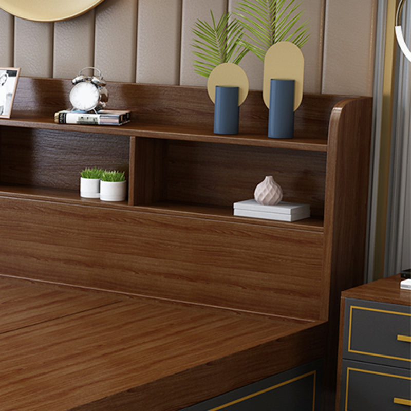 Brown Finish Standard Bed with Headboard Panel Bed Lift Up Storage