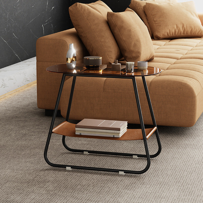 Modern End Table Glass Sled with Storage Oval Double Tier Side Table