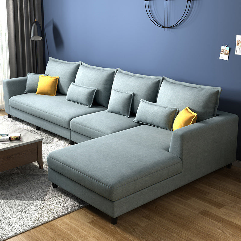 Blue Fabric Sectional with Pillows Modern Style L-shape Sectional