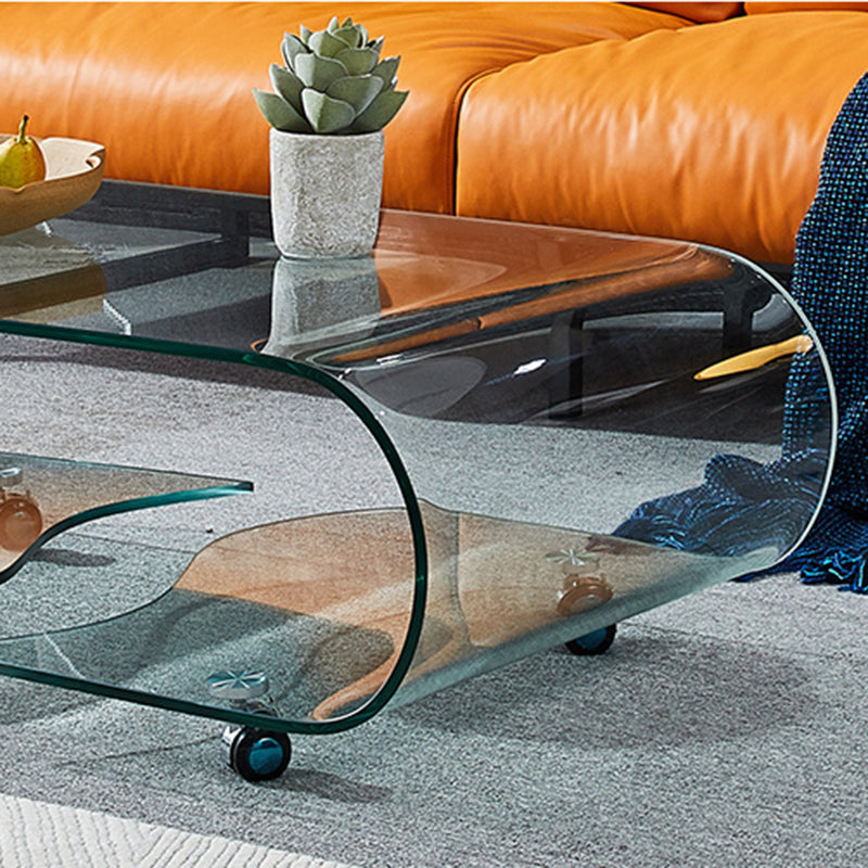 Geometric Glass Coffee Table with Casters Contemporary Shelf Included Cocktail Table