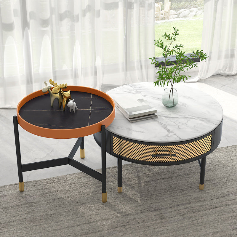 Luxurious Slate Round Top Coffee Table Set with Storage Drawer
