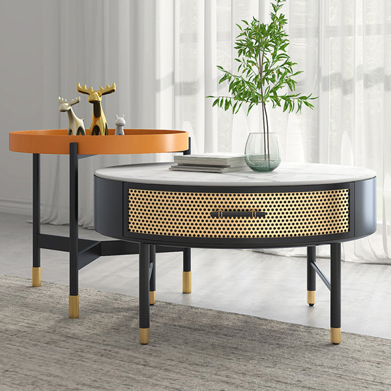 Luxurious Slate Round Top Coffee Table Set with Storage Drawer