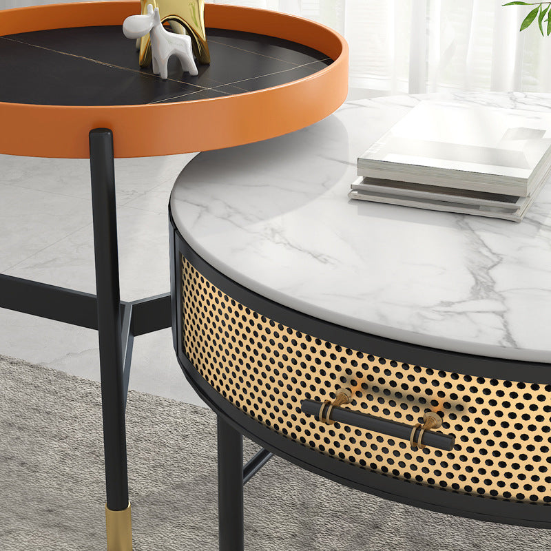 Luxurious Slate Round Top Coffee Table Set with Storage Drawer