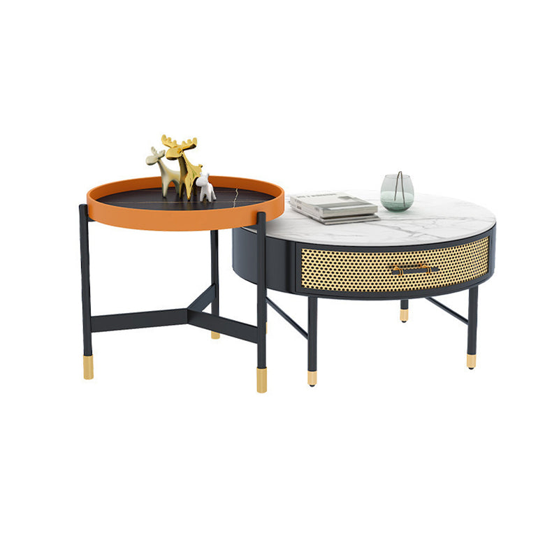 Luxurious Slate Round Top Coffee Table Set with Storage Drawer
