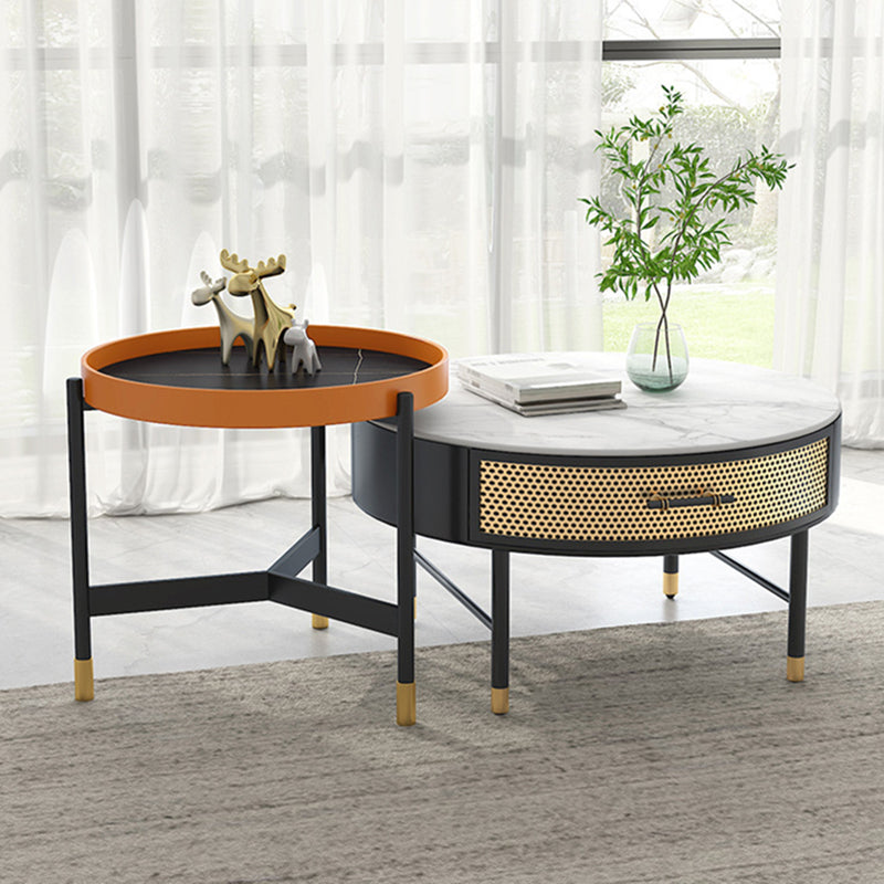 Luxurious Slate Round Top Coffee Table Set with Storage Drawer