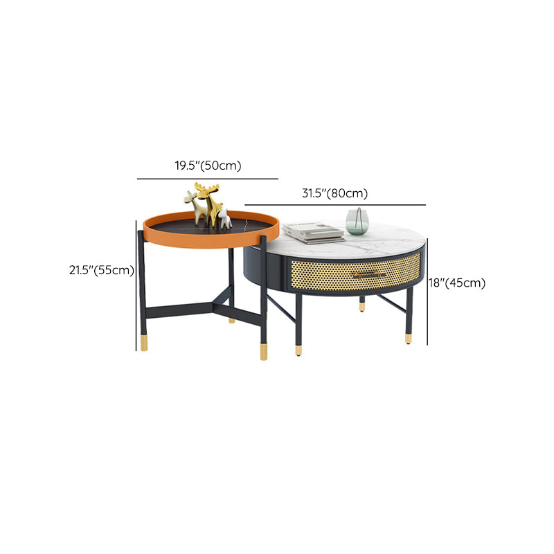 Luxurious Slate Round Top Coffee Table Set with Storage Drawer
