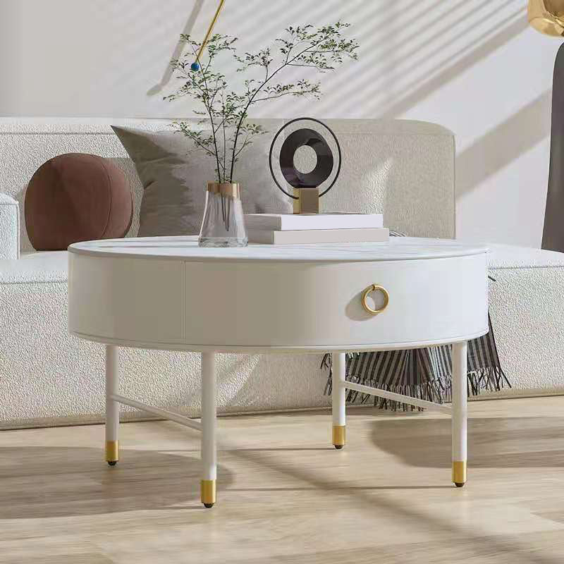 Round Slate Top Cocktail Table 1-Drawer 4 Legs Coffee Table in White of 17.7" H