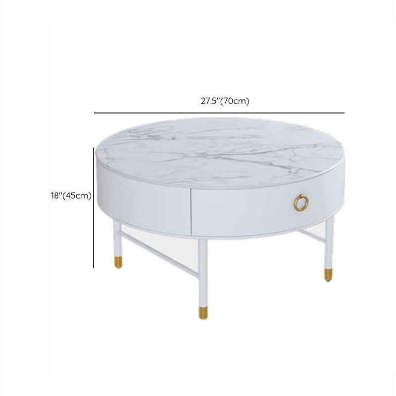 Round Slate Top Cocktail Table 1-Drawer 4 Legs Coffee Table in White of 17.7" H
