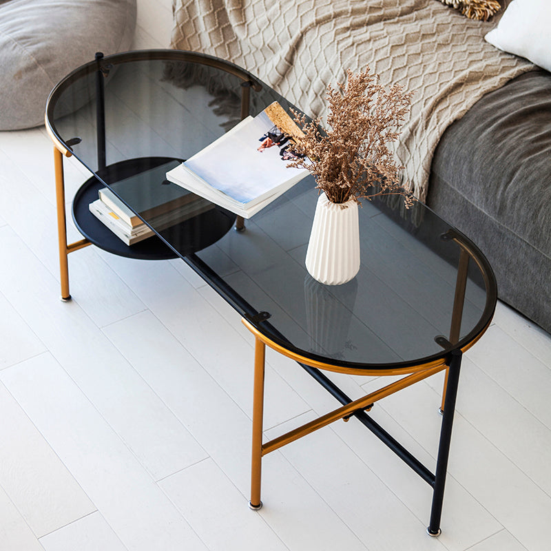 Modernism Elliptical Glass Top Coffee Cocktail Table with Shelf