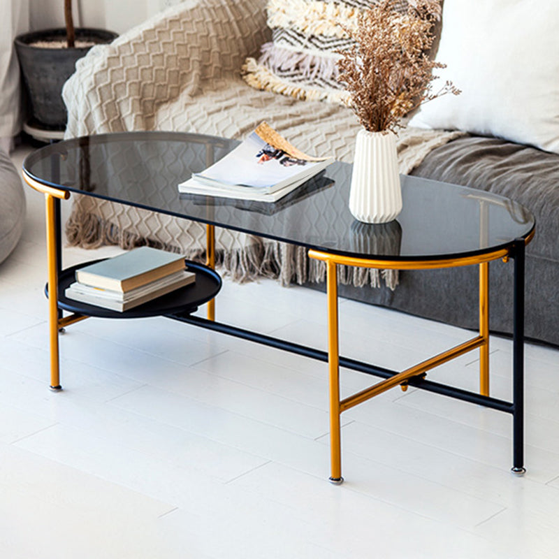 Modernism Elliptical Glass Top Coffee Cocktail Table with Shelf