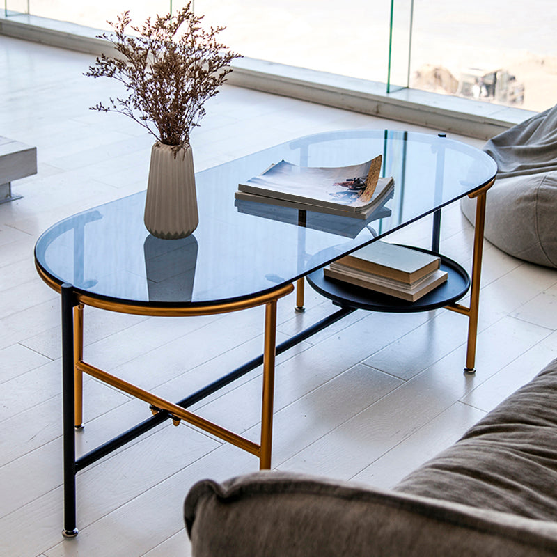 Modernism Elliptical Glass Top Coffee Cocktail Table with Shelf