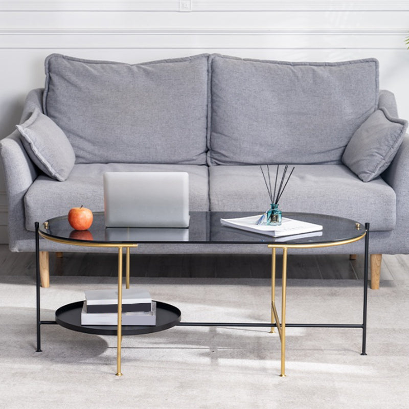 Modernism Elliptical Glass Top Coffee Cocktail Table with Shelf
