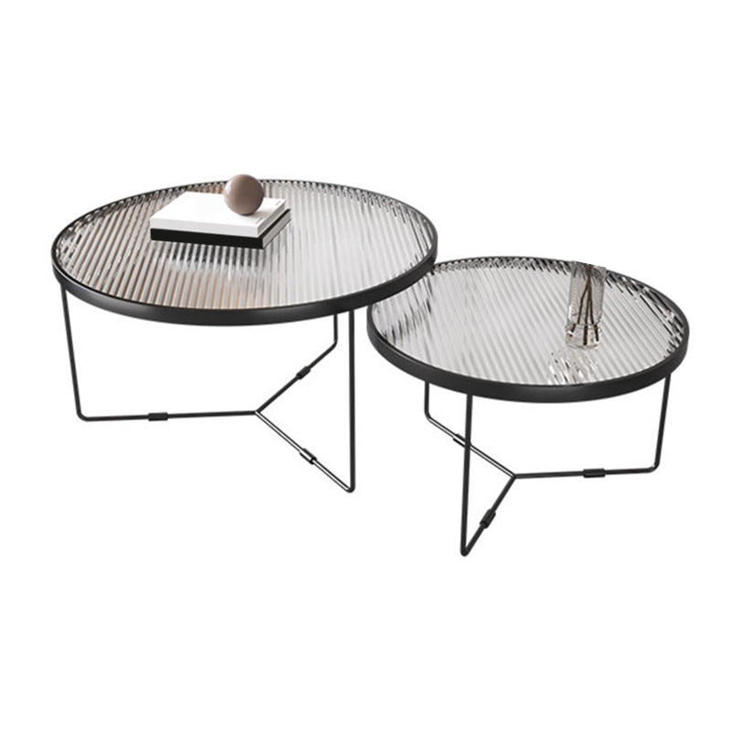 Contemporary Round Glass Top Metal Cross Legs Nesting Coffee Table