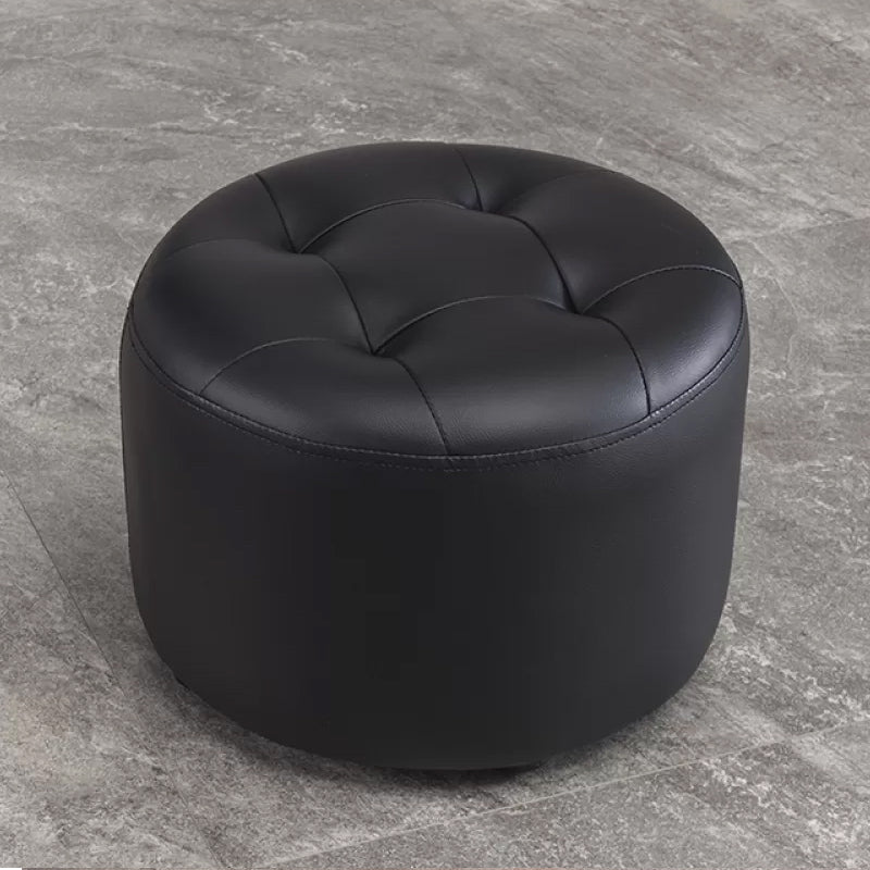 Modern Pouf Ottoman Faux Leather Upholstered Tufted Solid Color Cylinder Shape Ottoman