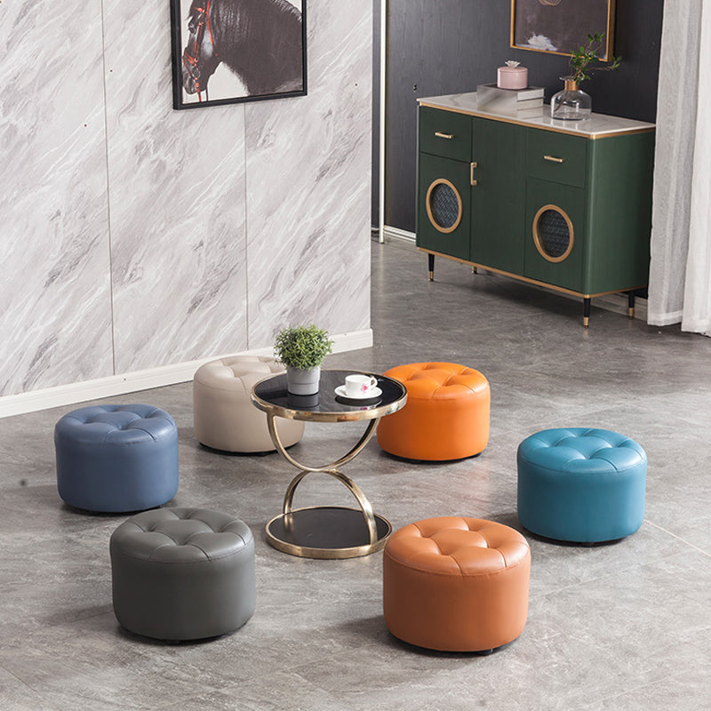 Modern Pouf Ottoman Faux Leather Upholstered Tufted Solid Color Cylinder Shape Ottoman
