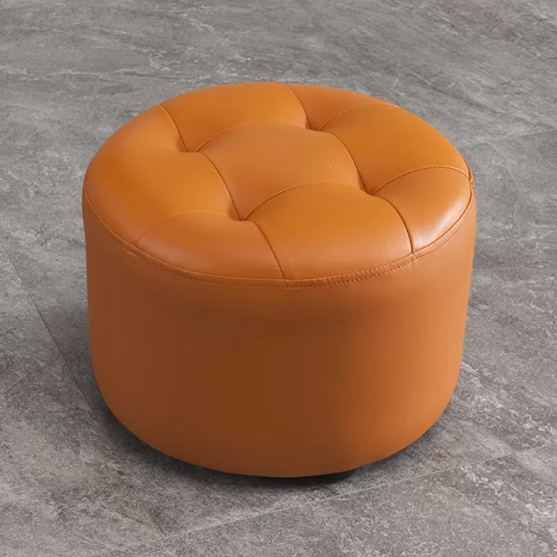 Modern Pouf Ottoman Faux Leather Upholstered Tufted Solid Color Cylinder Shape Ottoman