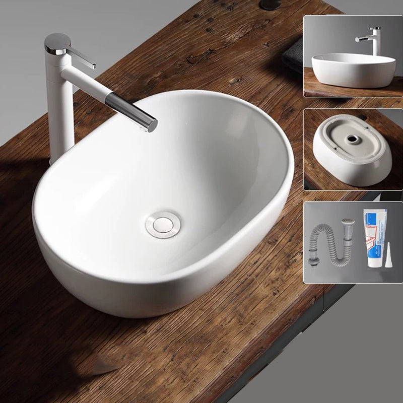 Modern Vessel Bathroom Sink Porcelain Oval with Pop-Up Drain Bathroom Sink