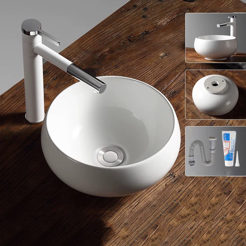 Modern Vessel Bathroom Sink Porcelain Oval with Pop-Up Drain Bathroom Sink