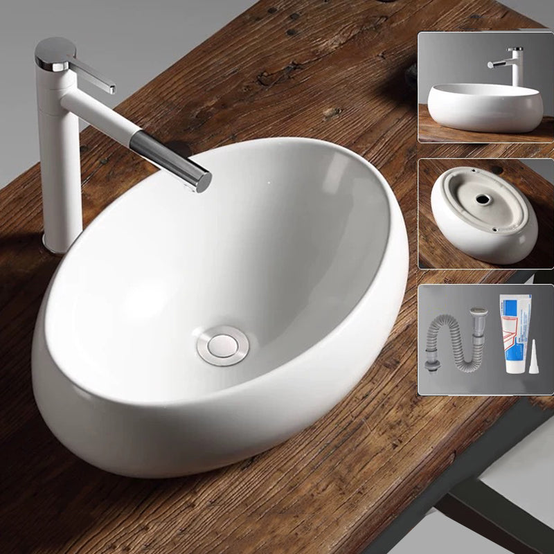 Modern Vessel Bathroom Sink Porcelain Oval with Pop-Up Drain Bathroom Sink