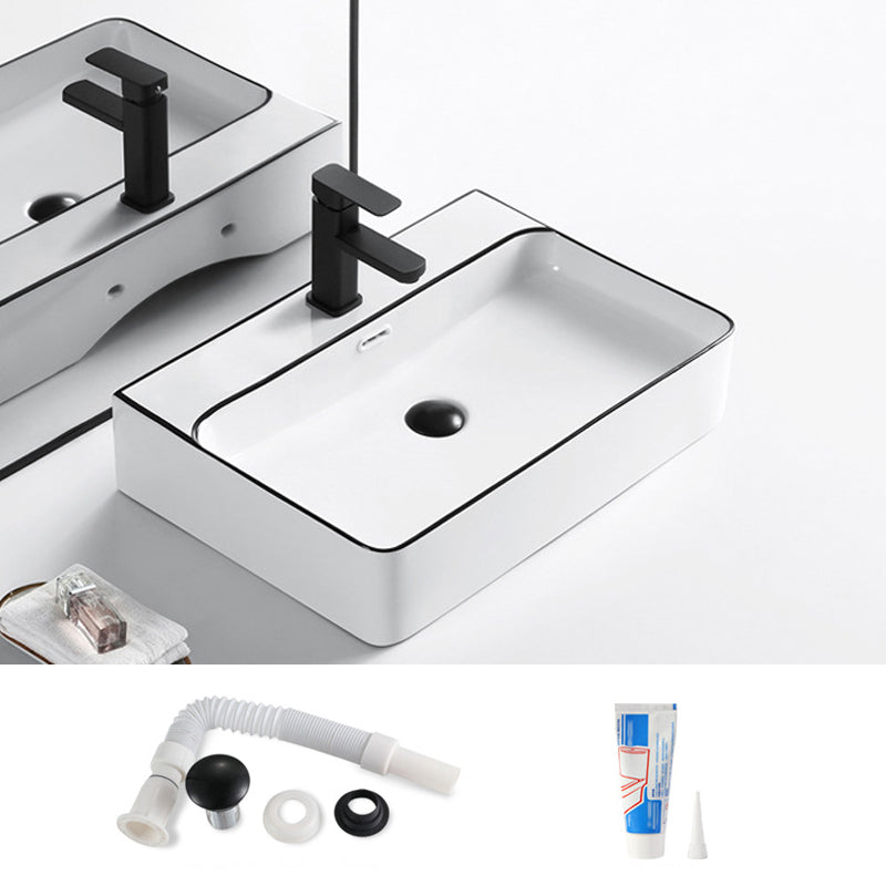 Modern Bathroom Sink Porcelain Rectangular with Overflow and Drain Assembly Basin Sink