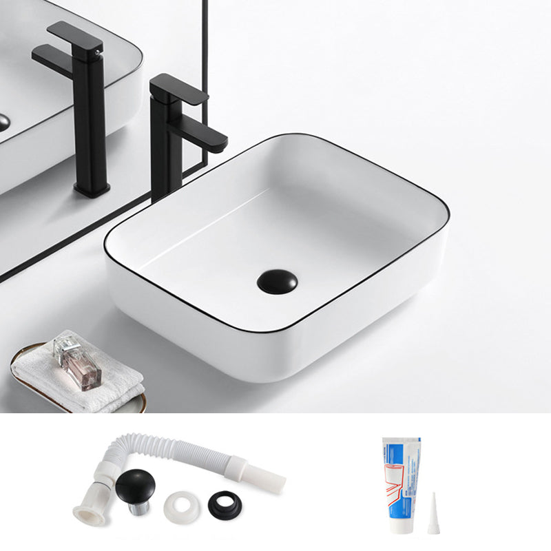 Modern Bathroom Sink Porcelain Rectangular with Overflow and Drain Assembly Basin Sink