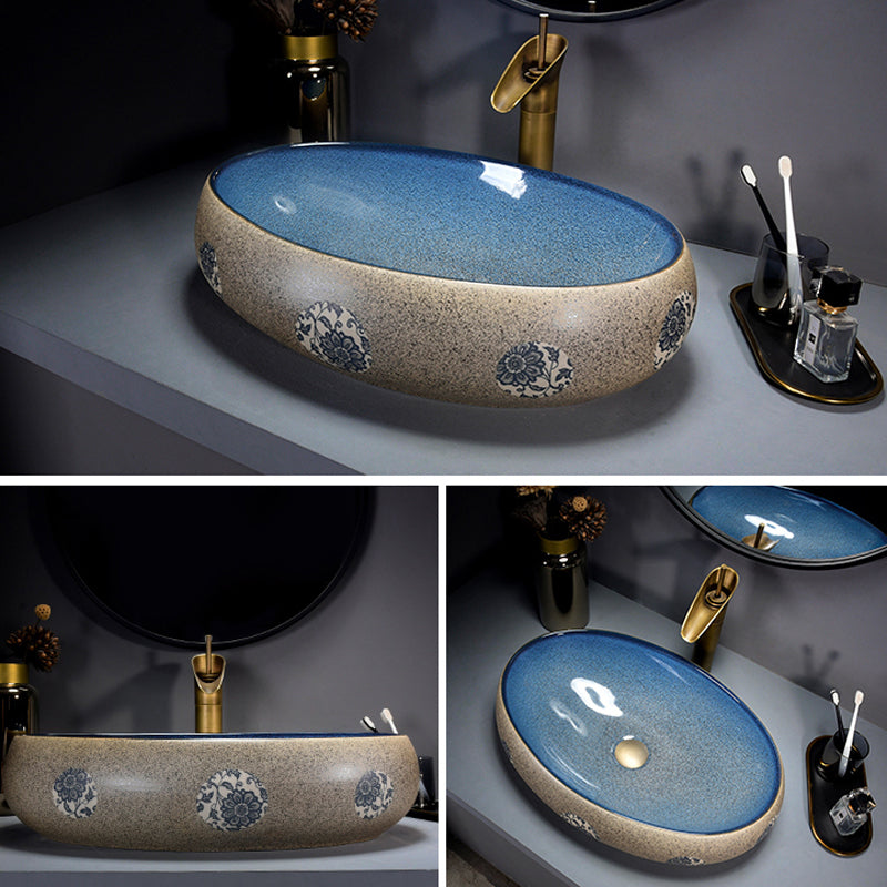Modern Bathroom Sink Vitreous China Hand Painted Oval Vessel Lavatory Sink