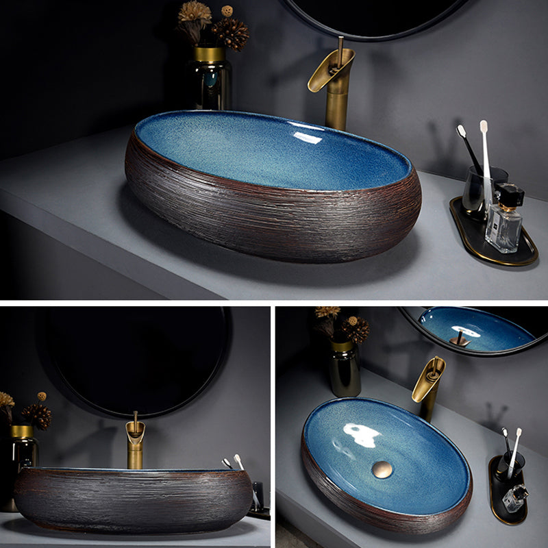 Modern Bathroom Sink Vitreous China Hand Painted Oval Vessel Lavatory Sink