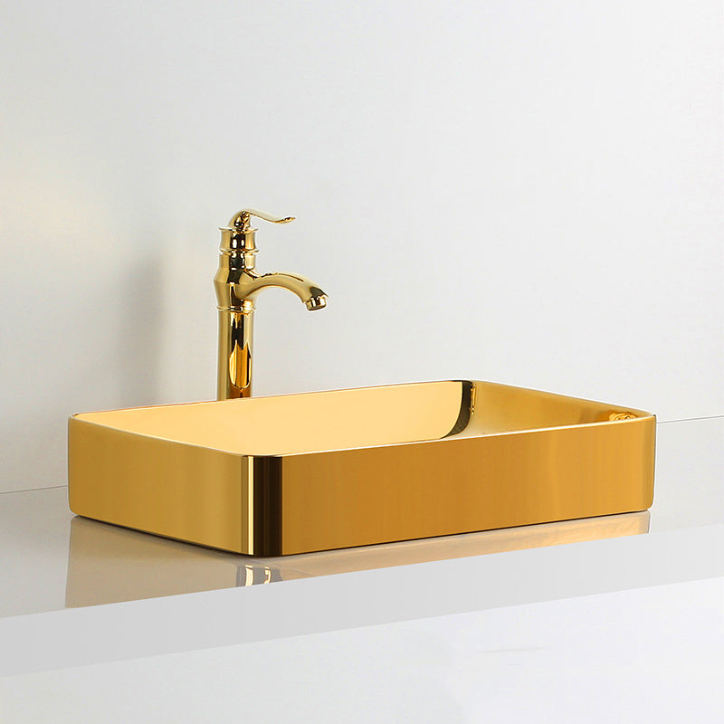 Modern Bathroom Sink Metal Rectangular with Pop-Up Drain and Faucet Vessel Bathroom Sink
