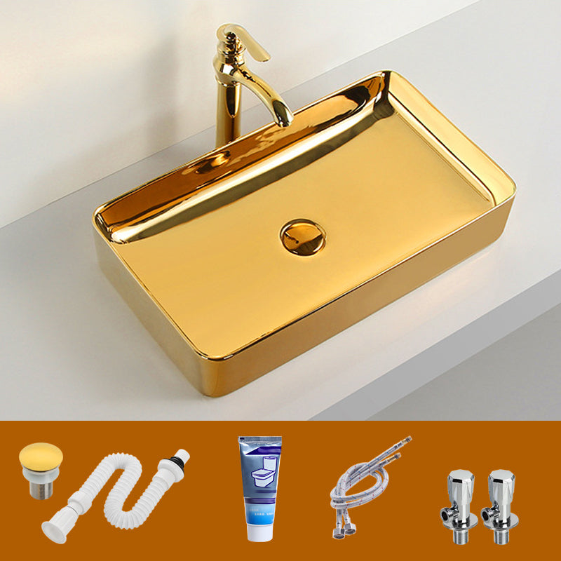 Modern Bathroom Sink Metal Rectangular with Pop-Up Drain and Faucet Vessel Bathroom Sink