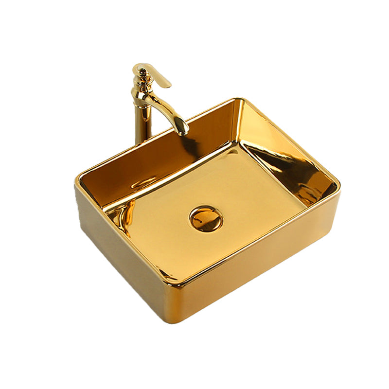Modern Bathroom Sink Metal Rectangular with Pop-Up Drain and Faucet Vessel Bathroom Sink
