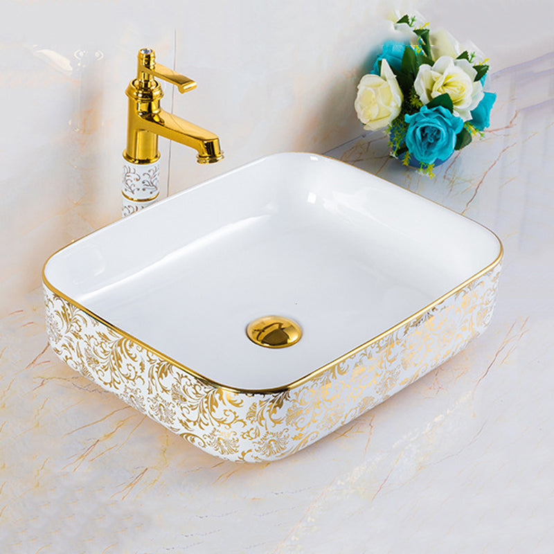 Modern Bathroom Sink Porcelain Round Hand Painted with Overflow and Faucet Wash Stand