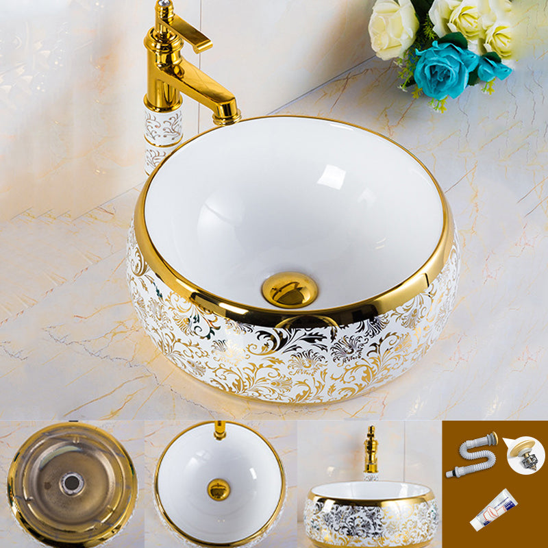 Modern Bathroom Sink Porcelain Round Hand Painted with Overflow and Faucet Wash Stand