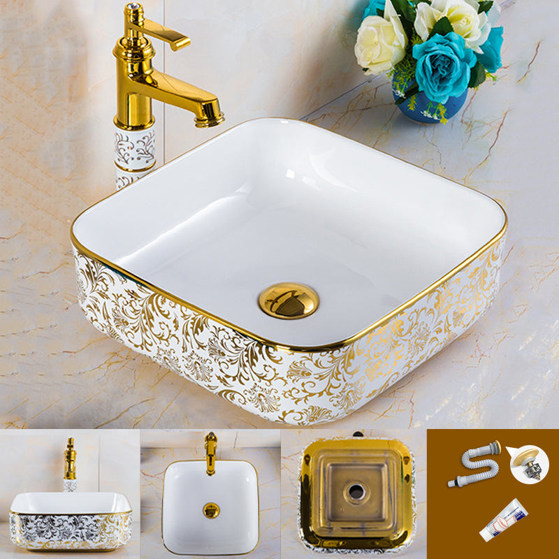 Modern Bathroom Sink Porcelain Round Hand Painted with Overflow and Faucet Wash Stand