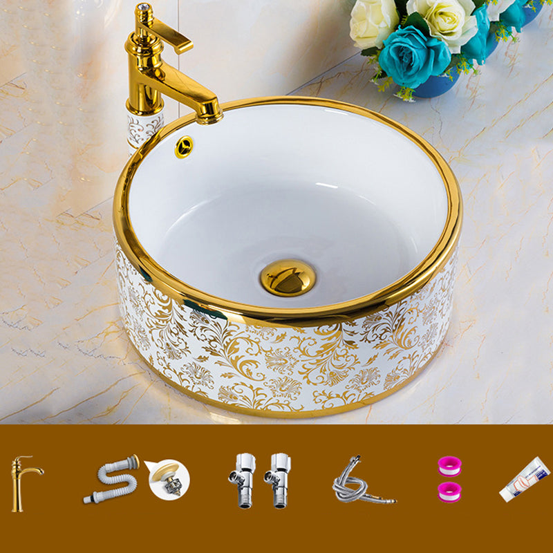 Modern Bathroom Sink Porcelain Round Hand Painted with Overflow and Faucet Wash Stand
