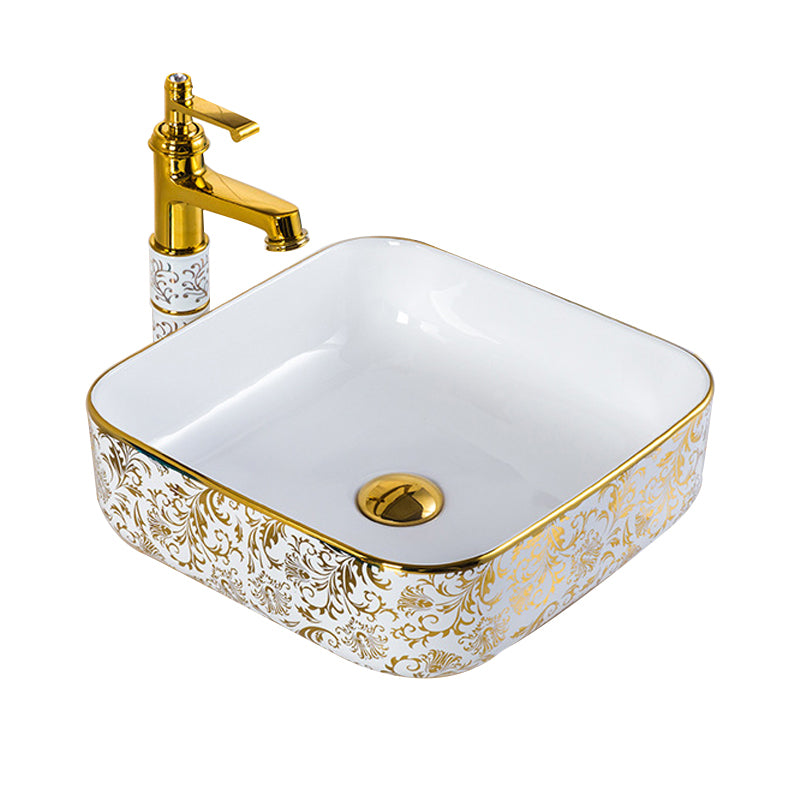 Modern Bathroom Sink Porcelain Round Hand Painted with Overflow and Faucet Wash Stand