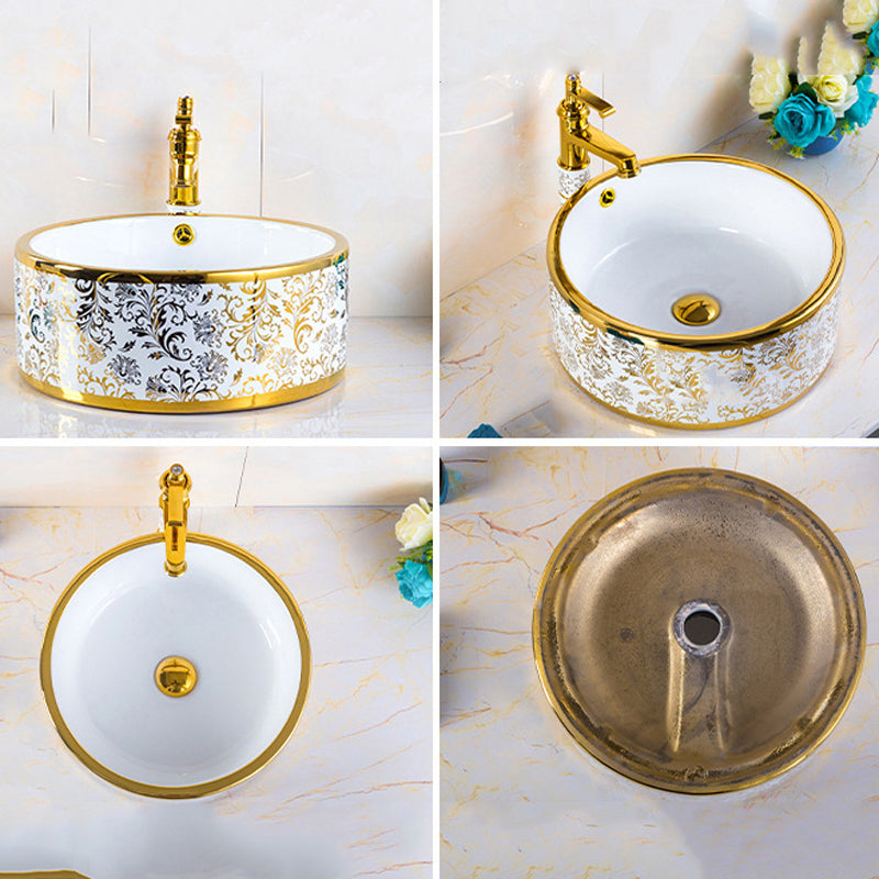 Modern Bathroom Sink Porcelain Round Hand Painted with Overflow and Faucet Wash Stand