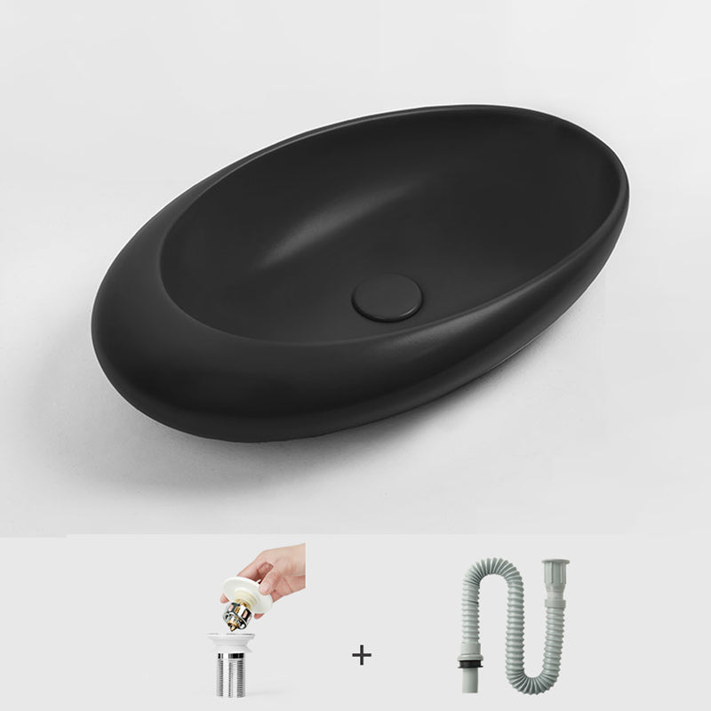Modern Bathroom Sink Porcelain Oval with Pop-Up Drain and Faucet Vessel Lavatory Sink