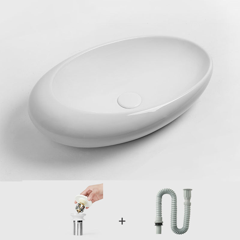 Modern Bathroom Sink Porcelain Oval with Pop-Up Drain and Faucet Vessel Lavatory Sink