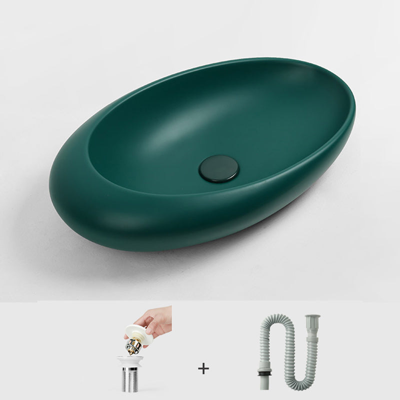 Modern Bathroom Sink Porcelain Oval with Pop-Up Drain and Faucet Vessel Lavatory Sink