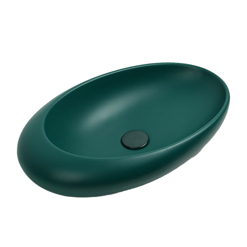 Modern Bathroom Sink Porcelain Oval with Pop-Up Drain and Faucet Vessel Lavatory Sink