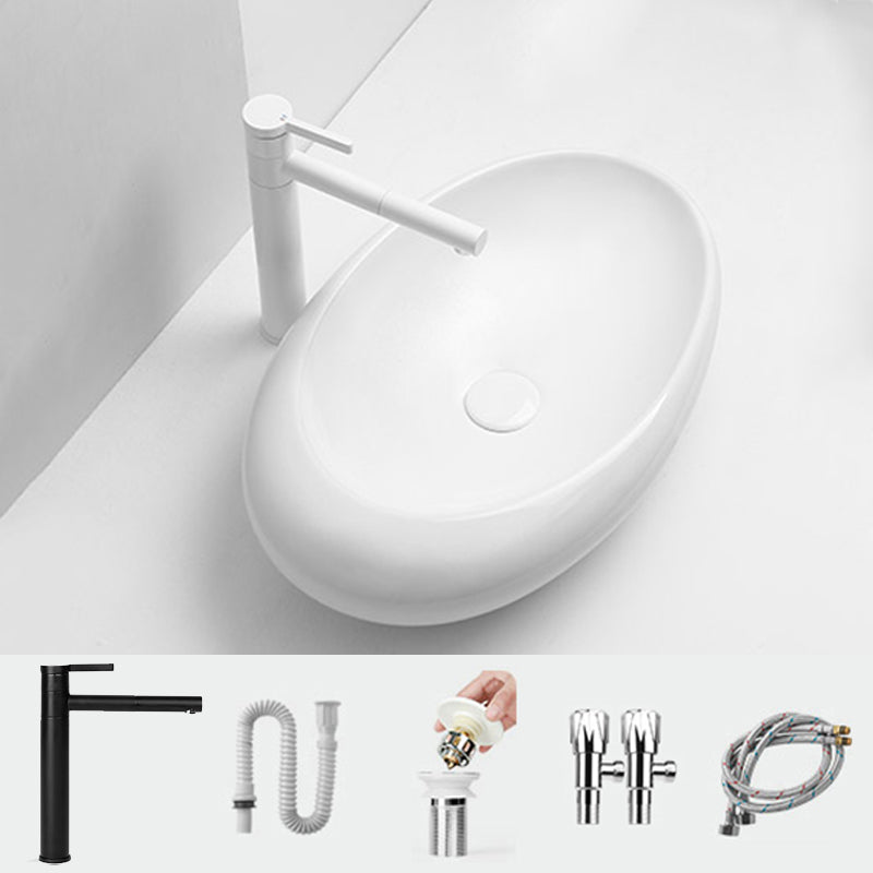 Modern Bathroom Sink Porcelain Oval with Pop-Up Drain and Faucet Vessel Lavatory Sink