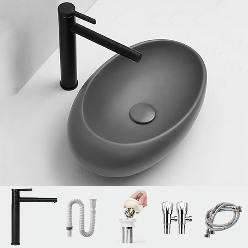 Modern Bathroom Sink Porcelain Oval with Pop-Up Drain and Faucet Vessel Lavatory Sink