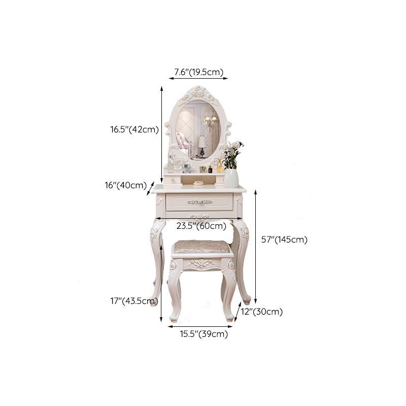 Victorian Mirrored Makeup Dressing Table Wood Stool Set in White