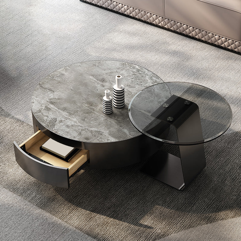 Glam Cocktail Table Drum Slate with Drawer Round Single Coffee Table