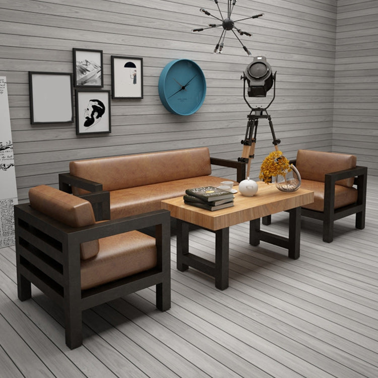 Contemporary Brown Leather Sofa with Black Square in Iron for Apartment