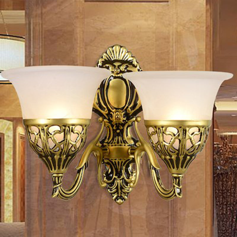 2-Light Wall Light Fixture Traditional Corridor Wall Sconce with Bell Alabaster Glass Shade in Bronze