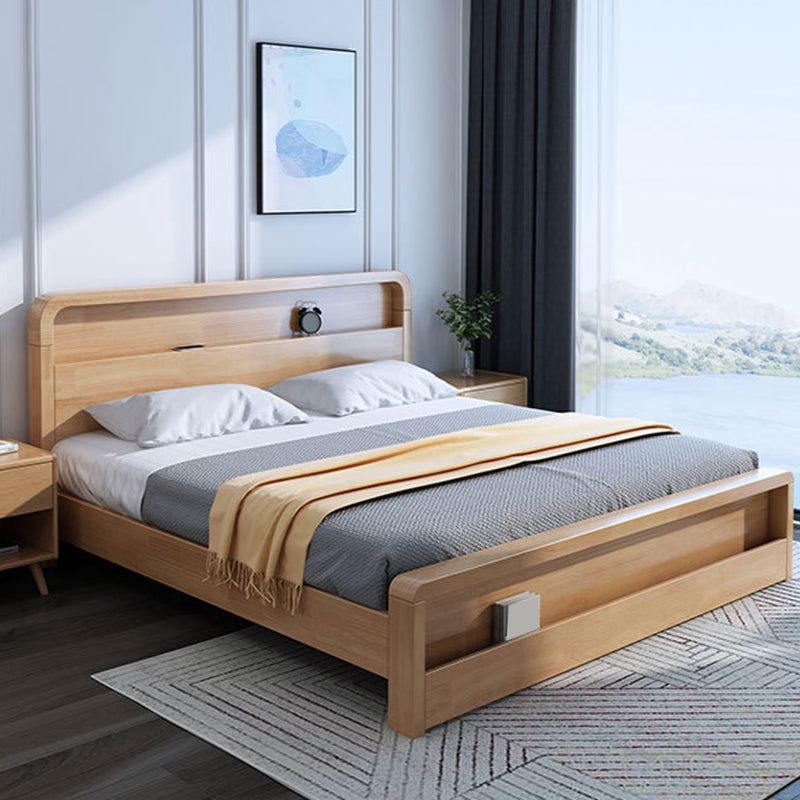 Storage Solid Wood Panel Bed Rubberwood Standard Bed with Headboard