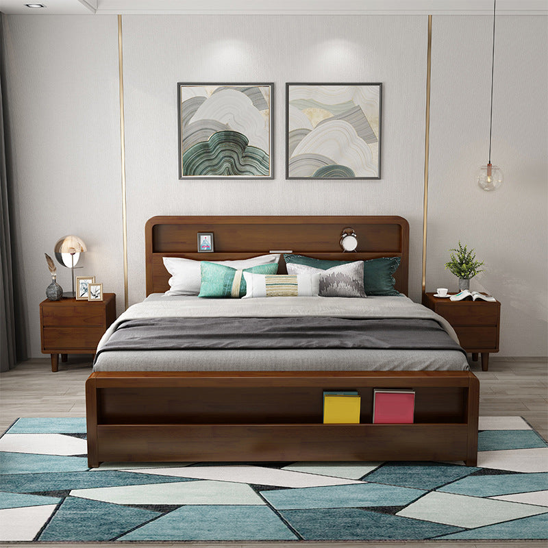 Storage Solid Wood Panel Bed Rubberwood Standard Bed with Headboard