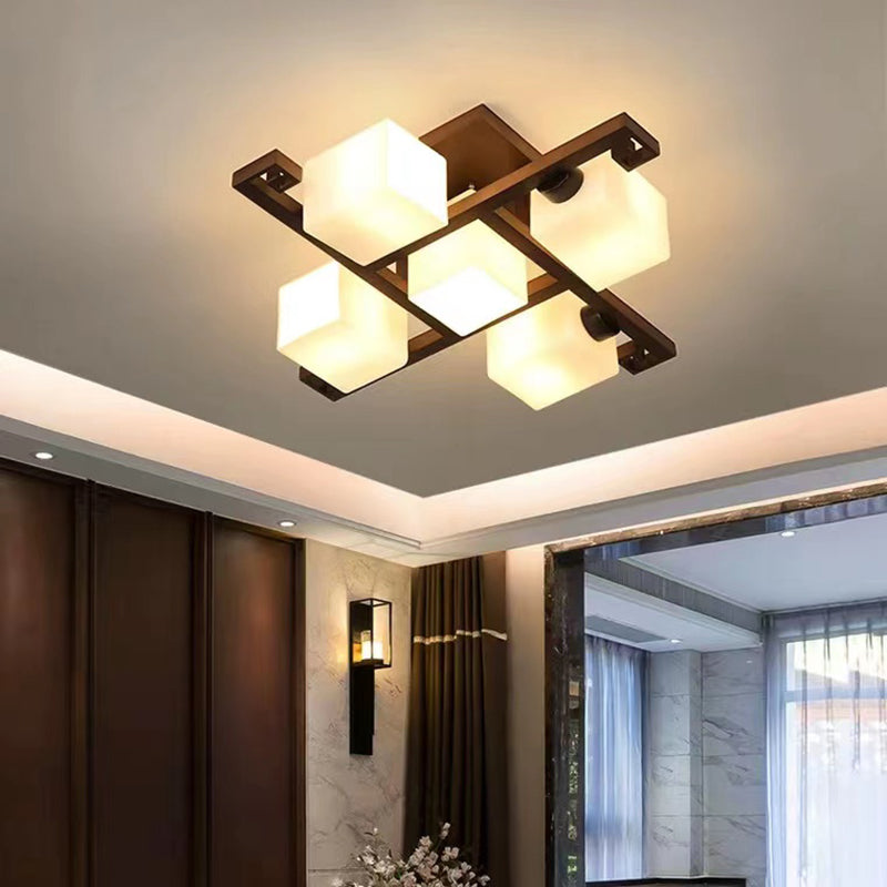 Modern Style Ball Shape Flush Mount Wood Ceiling Light in Brown for Living Room